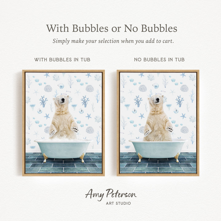 The image is a collage of two pictures featuring a polar bear sitting in a bathtub. The polar bear is sitting on a blue and white tiled floor, and the bathtub is filled with bubbles. The polar bear appears to be enjoying the bath, surrounded by the bubbles. The image does not contain any text, and the polar bear is the main subject.