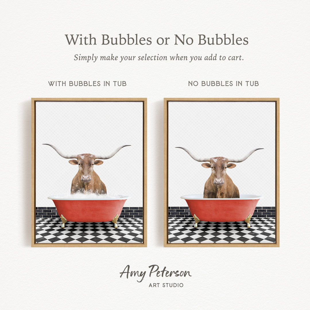 The image is a collage of two framed pictures, each featuring a bull with horns in a bathtub. The bull in the red bathtub has bubbles, while the bull in the tub without bubbles is depicted in a plain white bathtub.