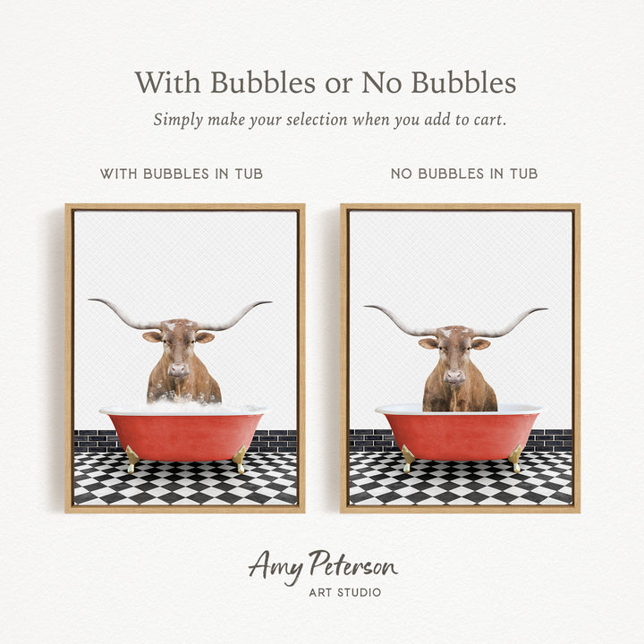 The image is a collage of two framed pictures, each featuring a bull with horns in a bathtub. The bull in the red bathtub has bubbles, while the bull in the tub without bubbles is depicted in a plain white bathtub.