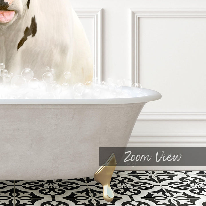 A white bathtub filled with bubbles, with a dog sitting inside and enjoying the bath.