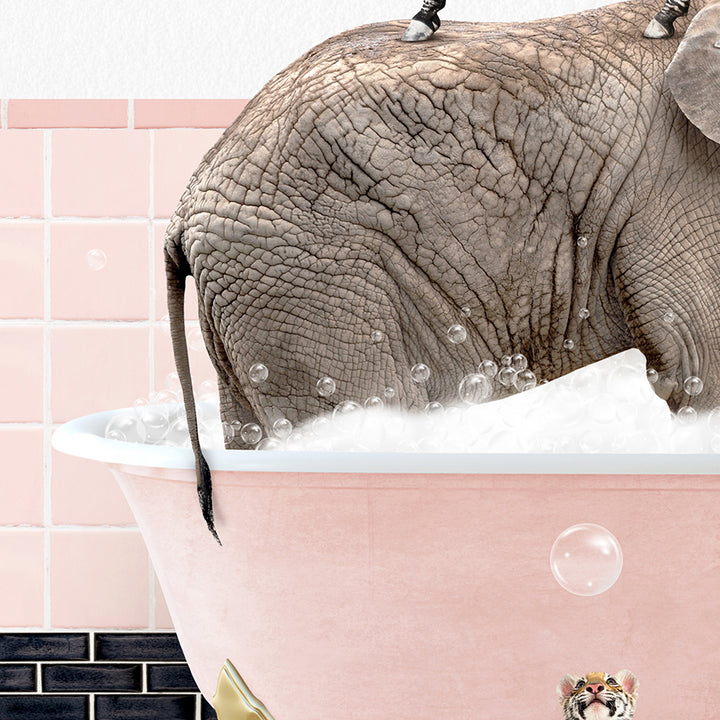 an elephant is taking a bath in a pink bathtub