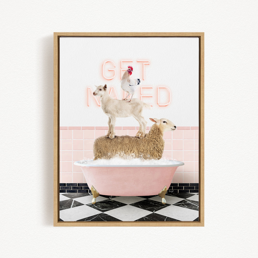 A framed image depicting a sheep standing on a pink bathtub, with a rooster perched on top of the sheep, and a chicken standing on the bathtub as well. The background features pink tiles and the text "GET NAKED" in pink neon letters.