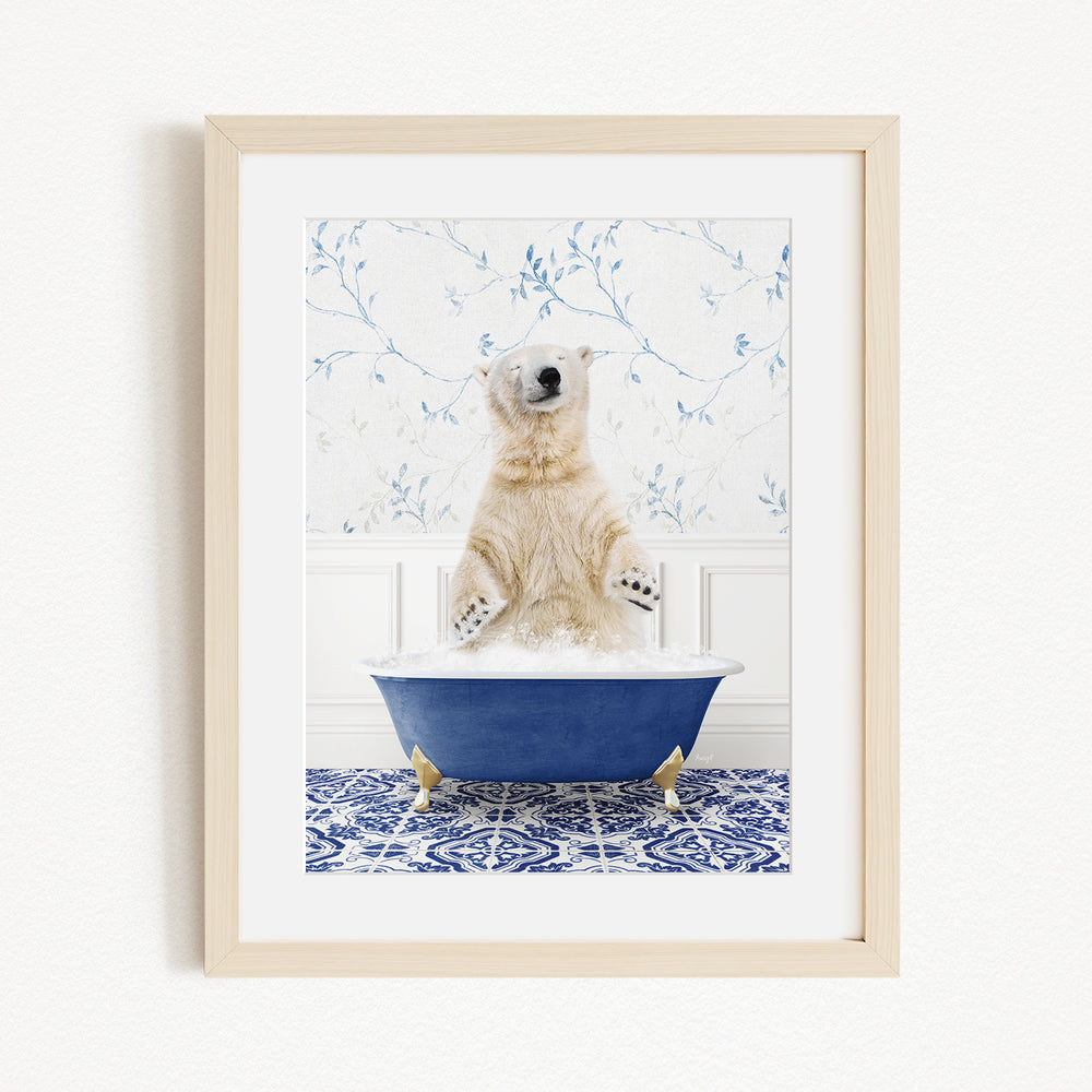 A polar bear standing in a blue bathtub filled with water, surrounded by a patterned tile floor.