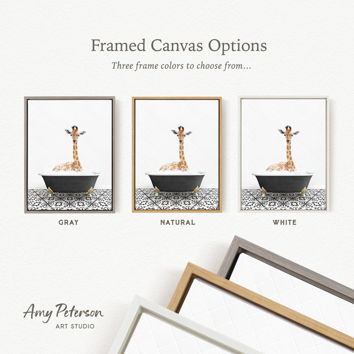 three framed canvas options, each featuring a giraffe in a bathtub. The options include a gray frame, a natural frame, and a white frame. The text above the options reads " Framed Canvas Options" and "Three frame colors to choose from...".