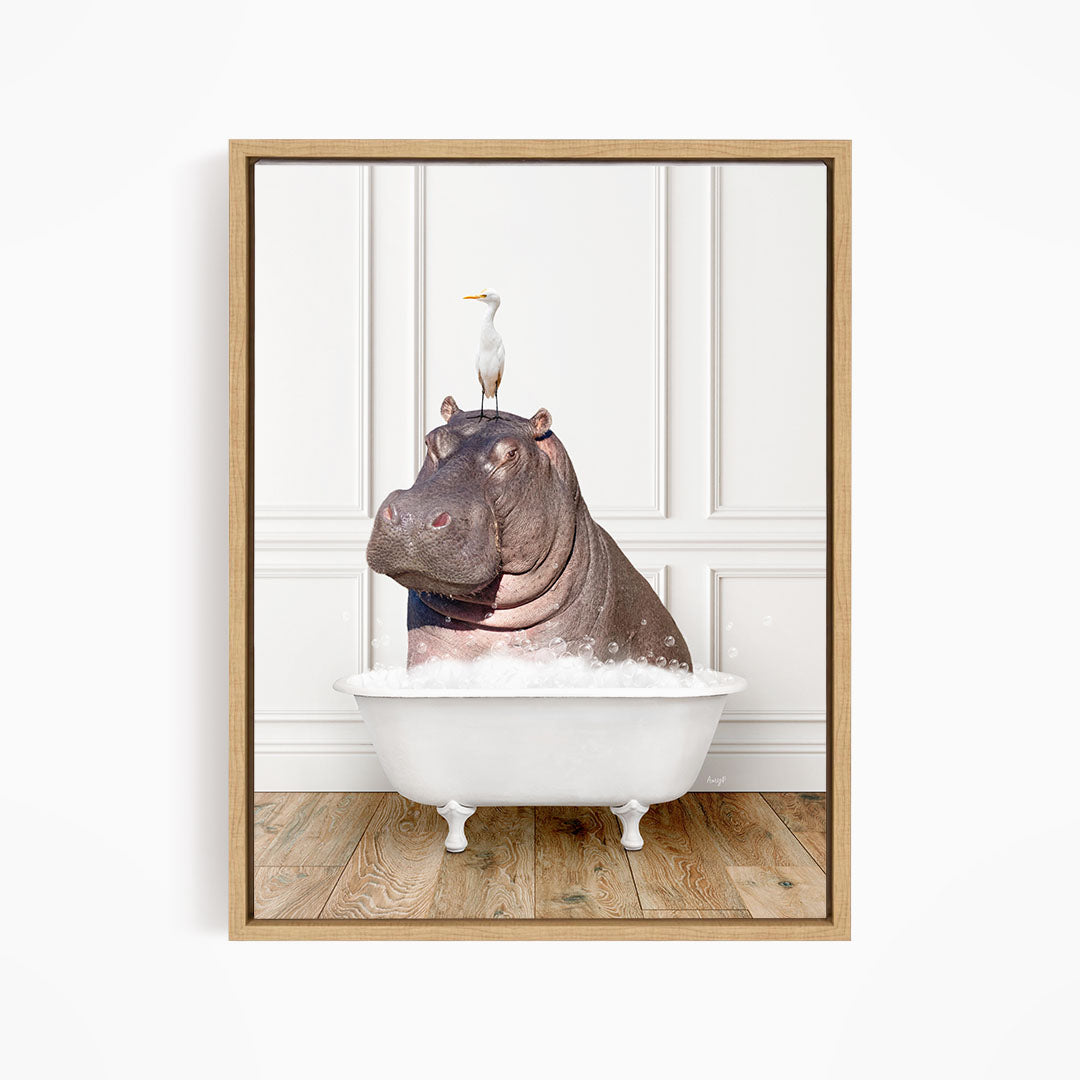 A hippopotamus sitting in a bathtub, with a seagull perched on its head.
