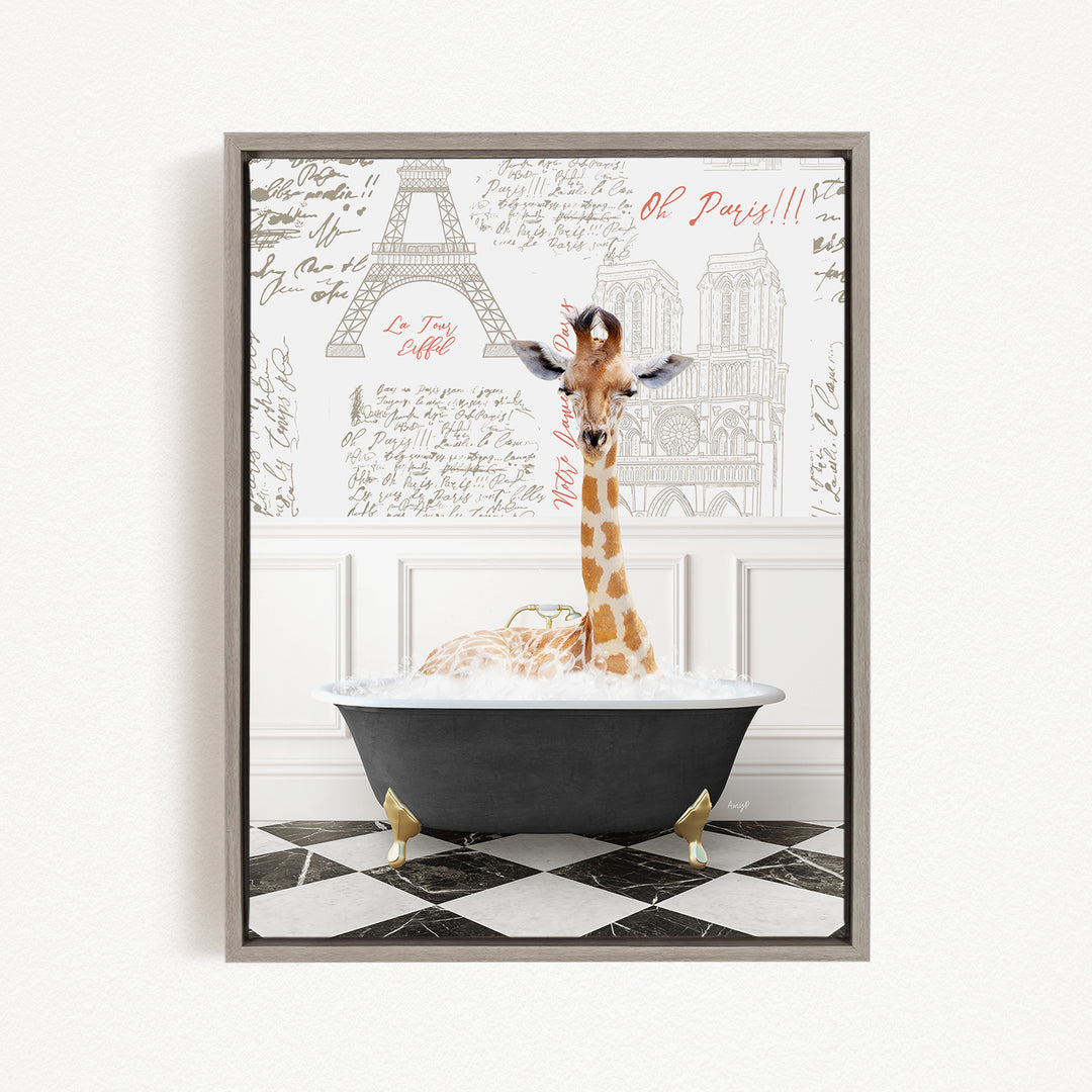 A giraffe sitting in a bathtub filled with water, surrounded by a checkered floor and a wall with various inscriptions and drawings.