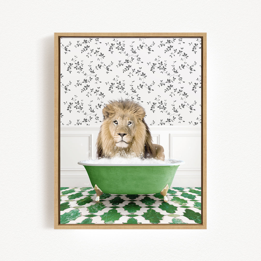 A lion sitting in a green bathtub filled with bubbles, surrounded by a patterned wall and green and white tiles.
