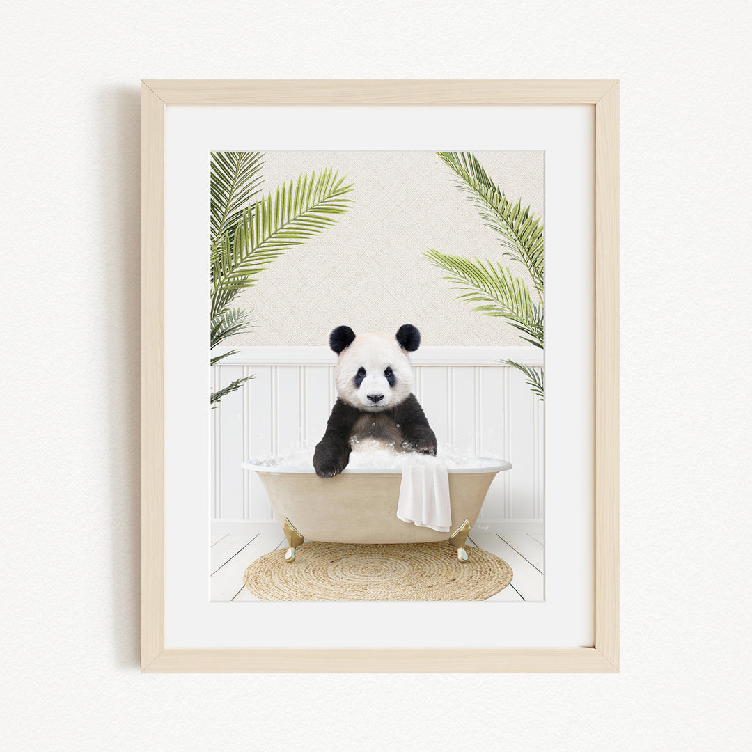 A panda bear sitting in a bathtub filled with water, surrounded by green plants.