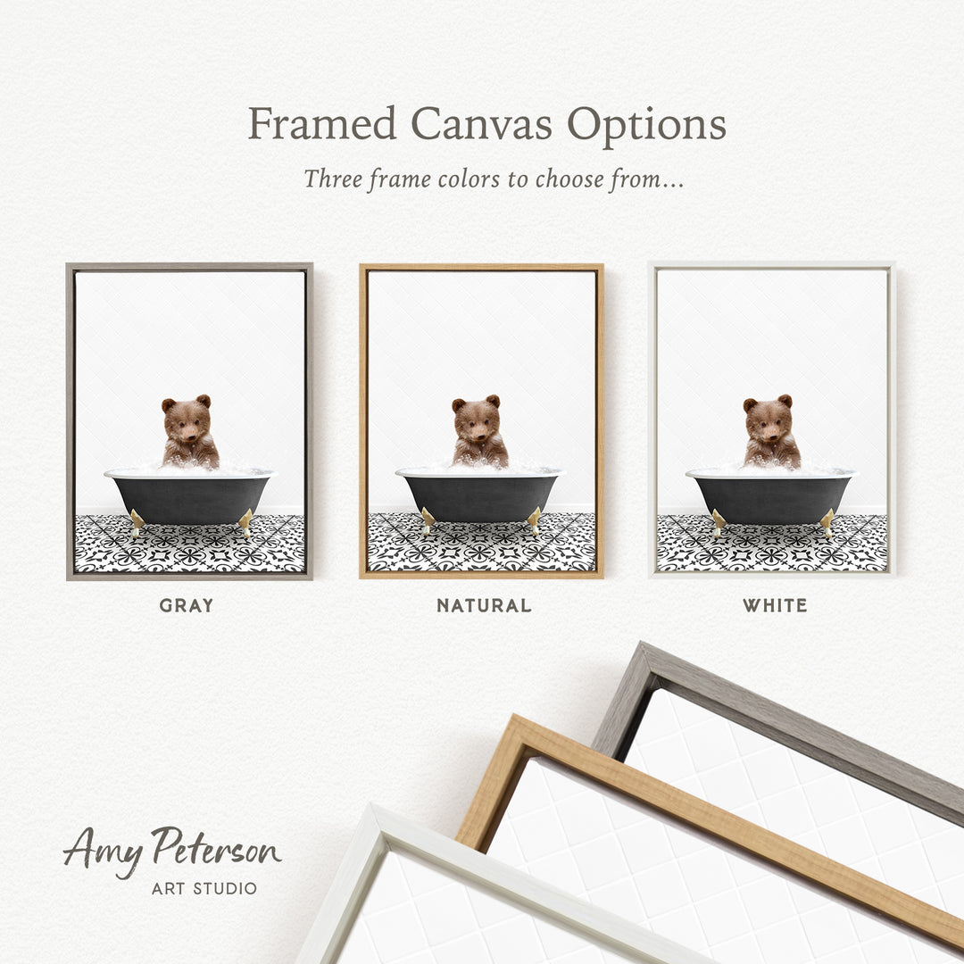 three framed canvas options, each featuring a small brown bear in a bathtub. The options include a gray frame, a natural frame, and a white frame.