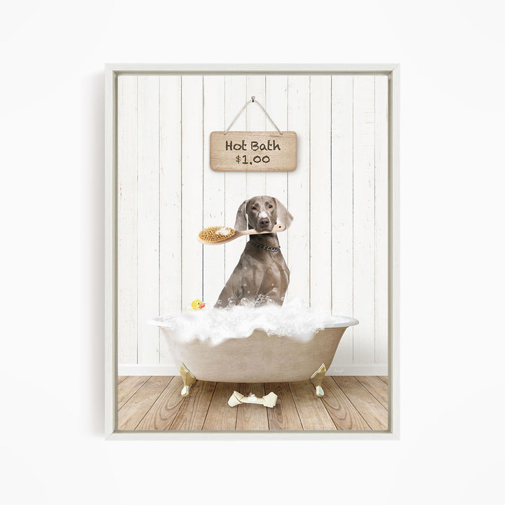 A dog sitting in a bathtub filled with bubbles, holding a toy in its mouth, with a sign above indicating a hot bath for $1.00.