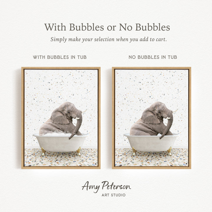The image is a collage of two pictures, each featuring a gray elephant sitting in a white bathtub. The text above the images reads "With Bubbles or No Bubbles" and below the images, it says "Simply make your selection when you add to cart."