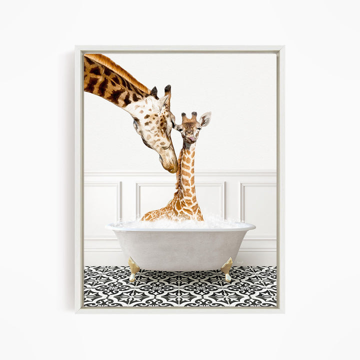 A mother giraffe and her baby giraffe are sitting together in a white bathtub filled with water, creating a playful and endearing scene.