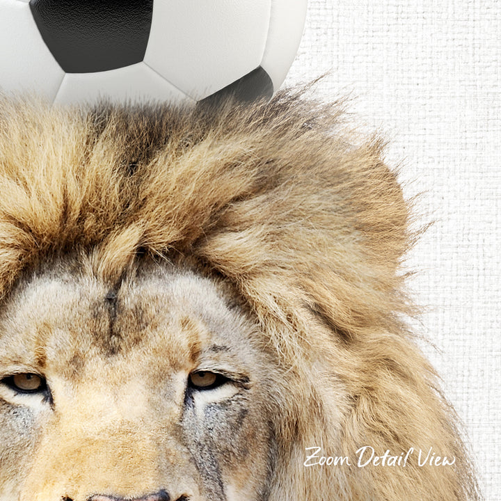 A close-up of a lion's head with a soccer ball resting on top of it.