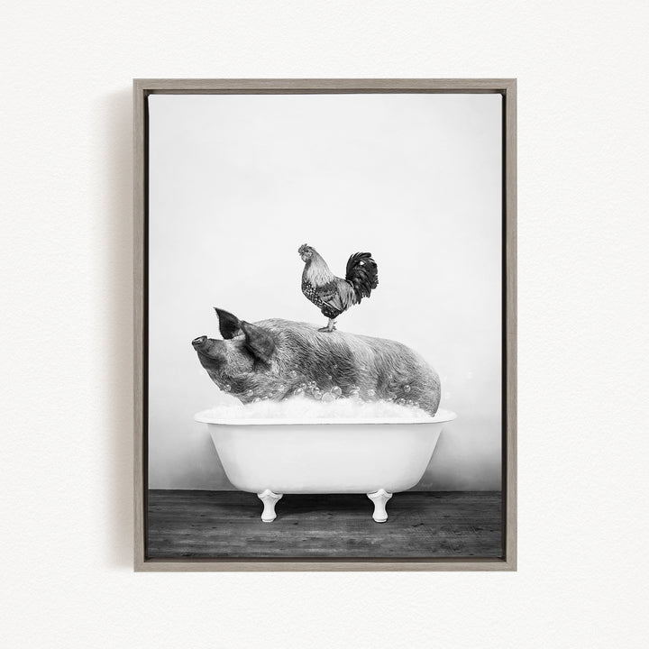 A rooster stands on a pig's back while the pig is sitting in a bathtub filled with water.