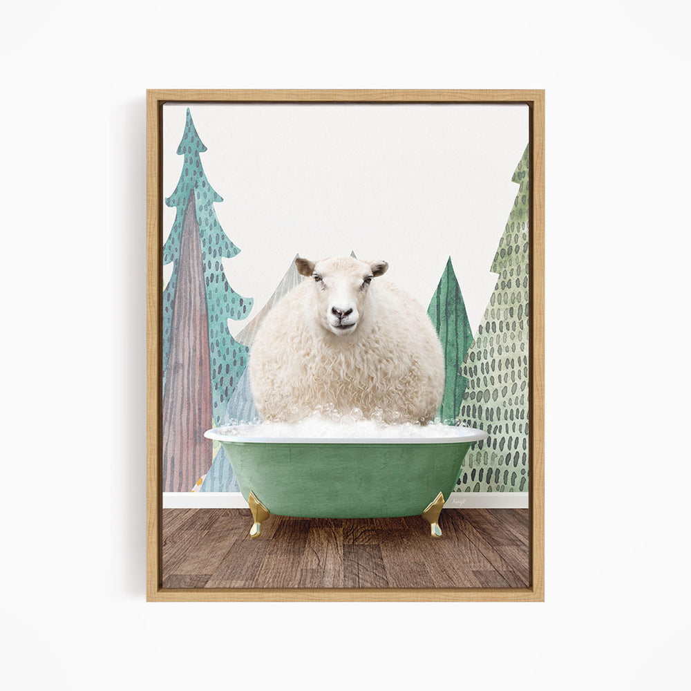 A fluffy white sheep sits in a green bathtub, surrounded by a forest scene with trees and a snowy landscape.