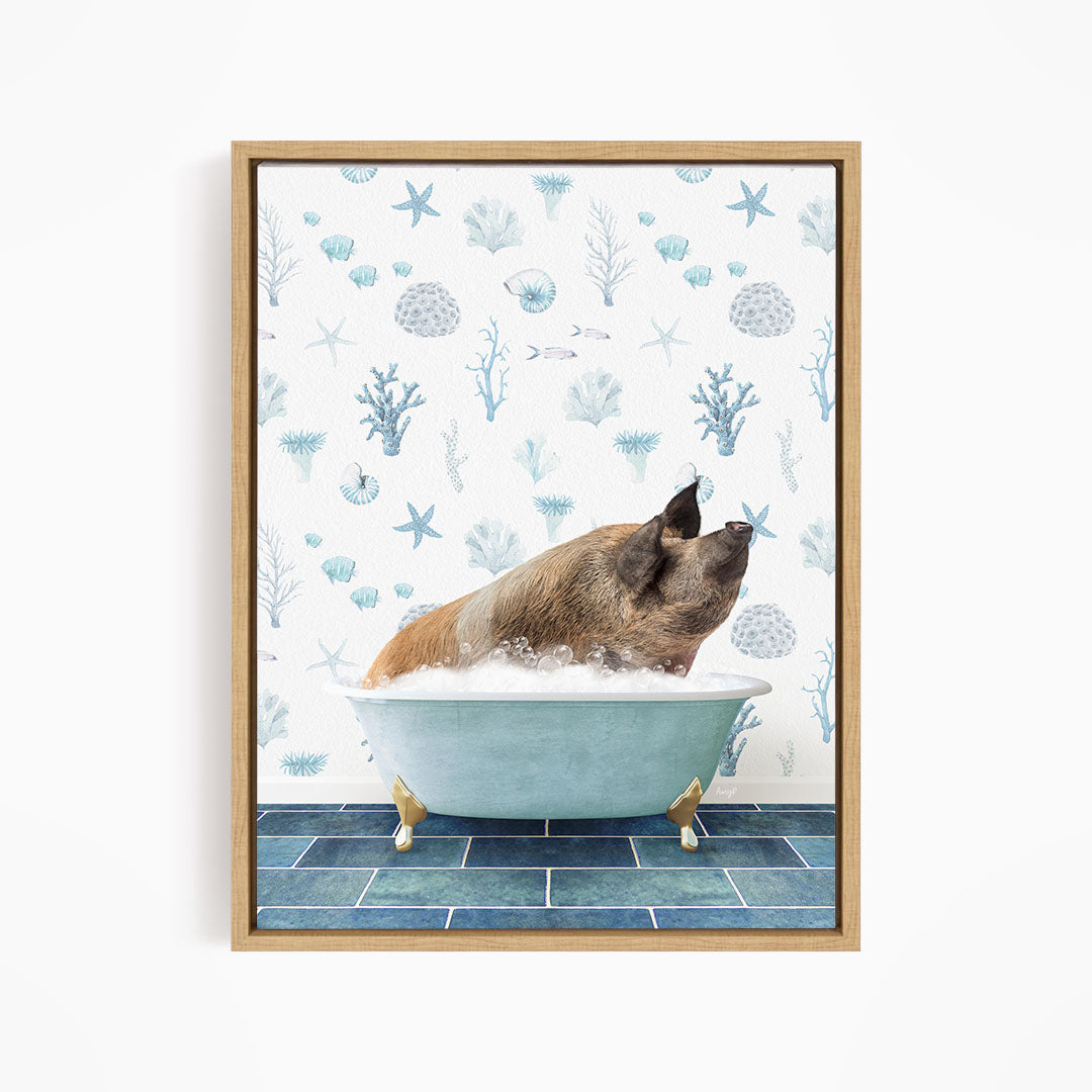 A dog is sitting in a blue bathtub filled with water, surrounded by a pattern of seashells and starfish on the wall behind it.