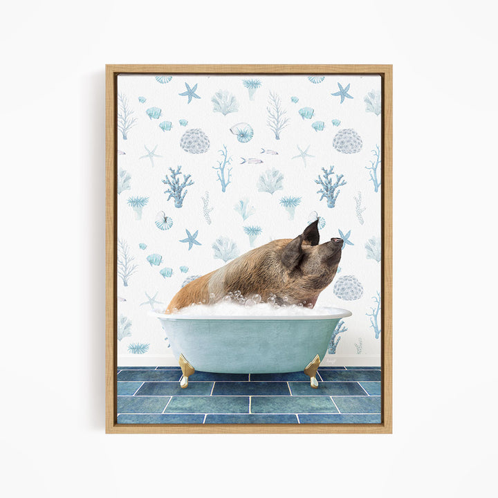 A dog is sitting in a blue bathtub filled with water, surrounded by a pattern of seashells and starfish on the wall behind it.