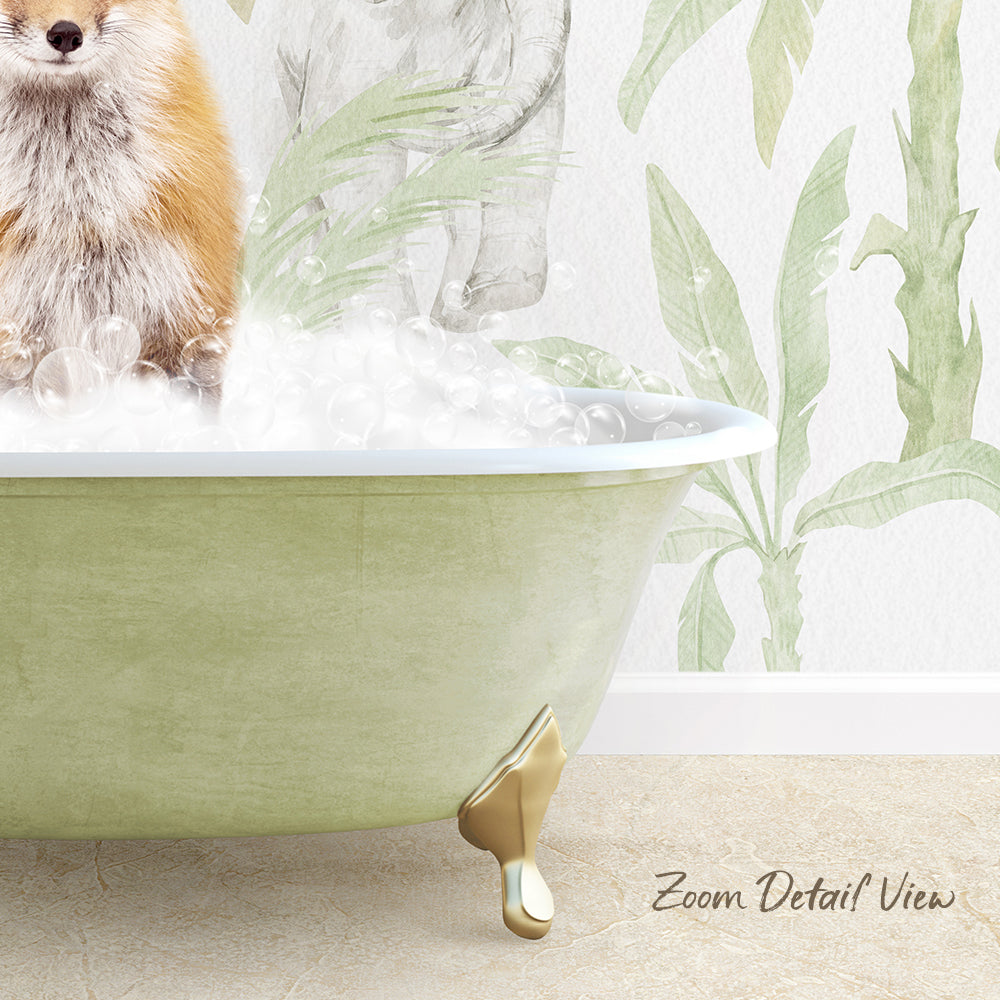 A dog is sitting in a green bathtub filled with bubbles, with a wall featuring a tropical plant design in the background.