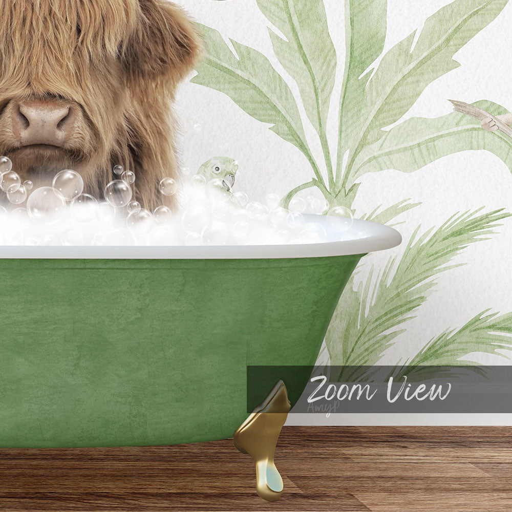 A furry animal, possibly a cow or a yak, is sitting in a green bathtub filled with bubbles, with a bird perched on the edge of the tub.