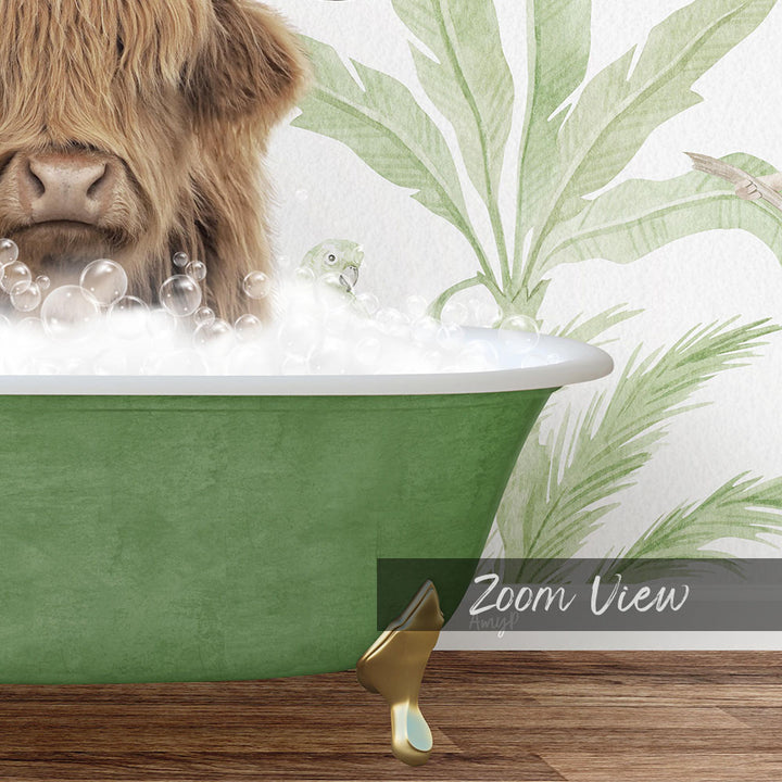 A furry animal, possibly a cow or a yak, is sitting in a green bathtub filled with bubbles, with a bird perched on the edge of the tub.