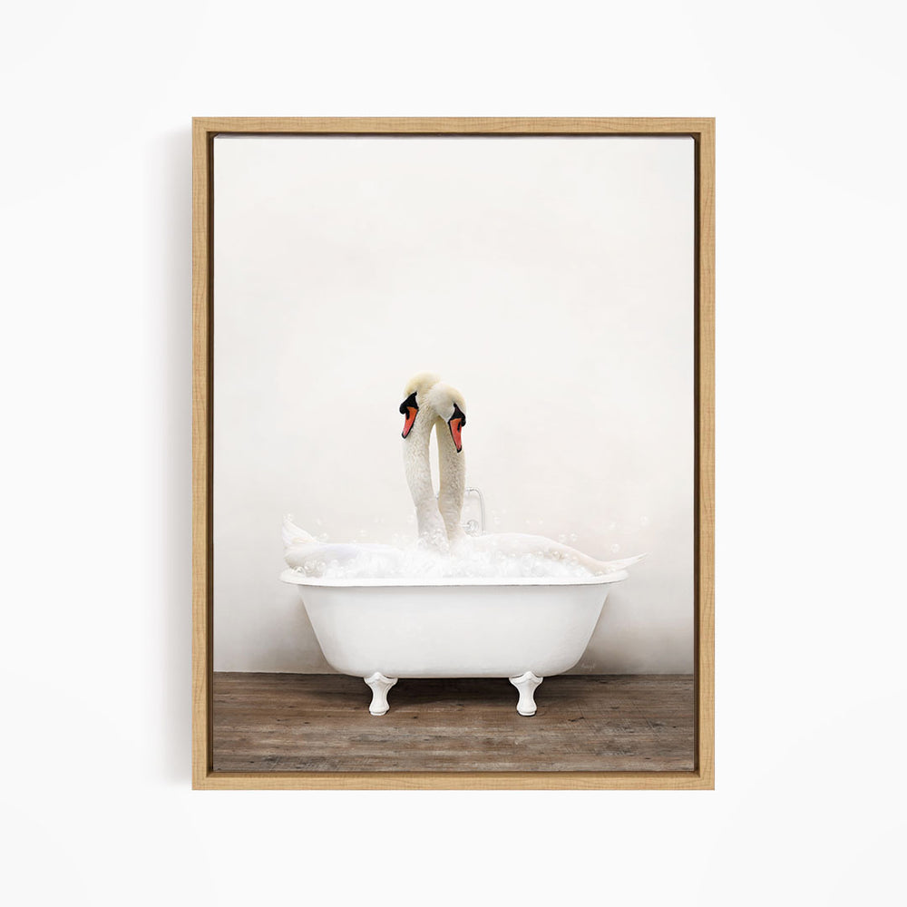 A white swan standing in a white bathtub filled with water.