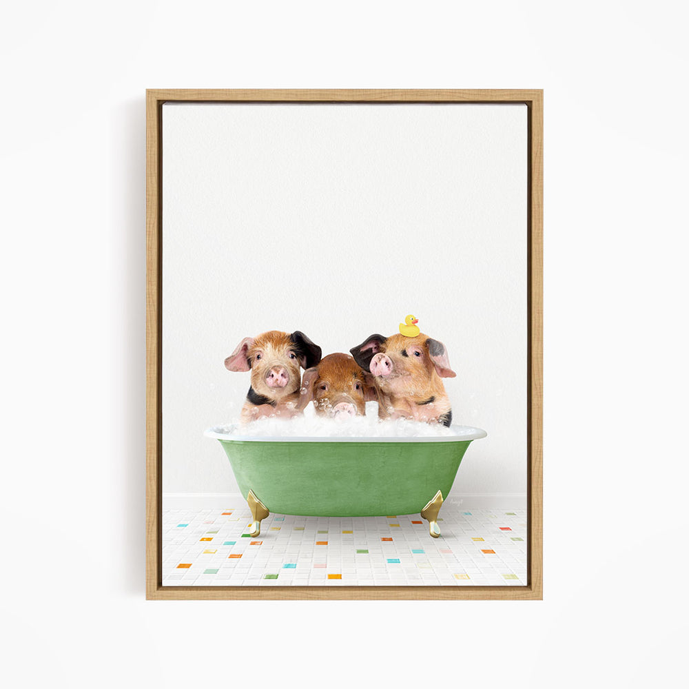 Three adorable pigs sitting in a green bathtub, enjoying a relaxing bath together.