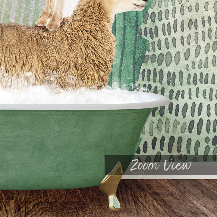 A fluffy brown dog is sitting in a green bathtub filled with bubbles, with a patterned wall in the background.