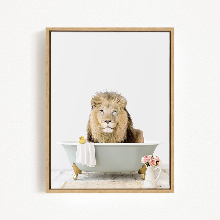 A lion sitting in a bathtub, surrounded by flowers and a rubber duck.