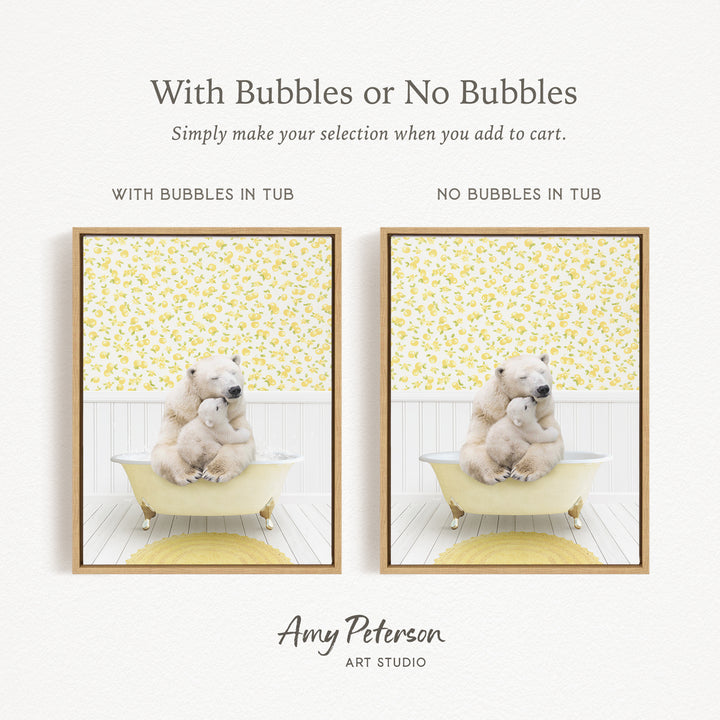 The image is a collage of two pictures, each featuring a polar bear sitting in a bathtub. The polar bear in the bathtub has bubbles, while the polar bear in the other bathtub does not have bubbles. The image is labeled "With Bubbles or No Bubbles" and "With Bubbles in Tub" to indicate the presence of bubbles in each bathtub.