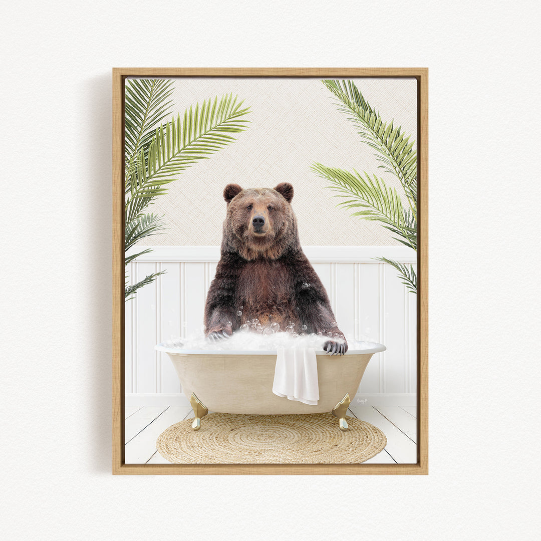 A brown bear sitting in a bathtub filled with water, surrounded by palm leaves, creating a whimsical and playful scene.