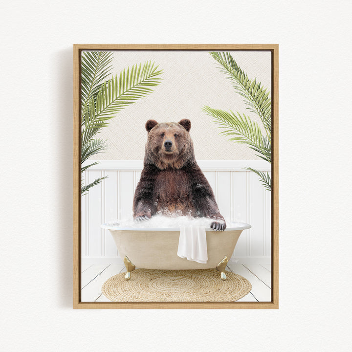 A brown bear sitting in a bathtub filled with water, surrounded by palm leaves, creating a whimsical and playful scene.