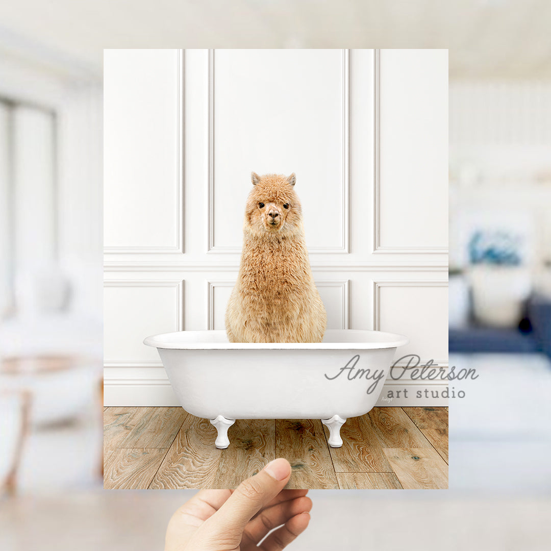 a person holding a photo of a dog in a bathtub