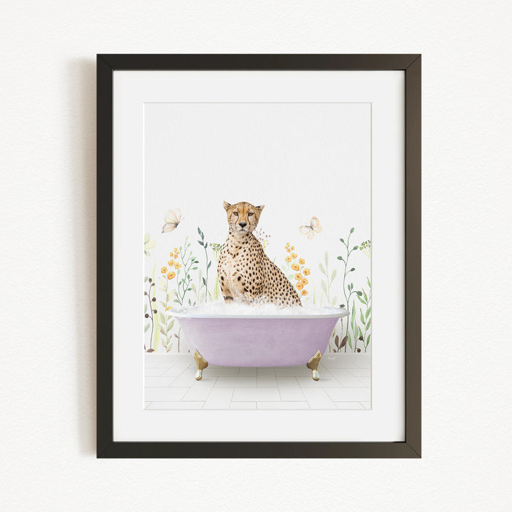 A cheetah sitting in a purple bathtub filled with water, surrounded by flowers and butterflies.