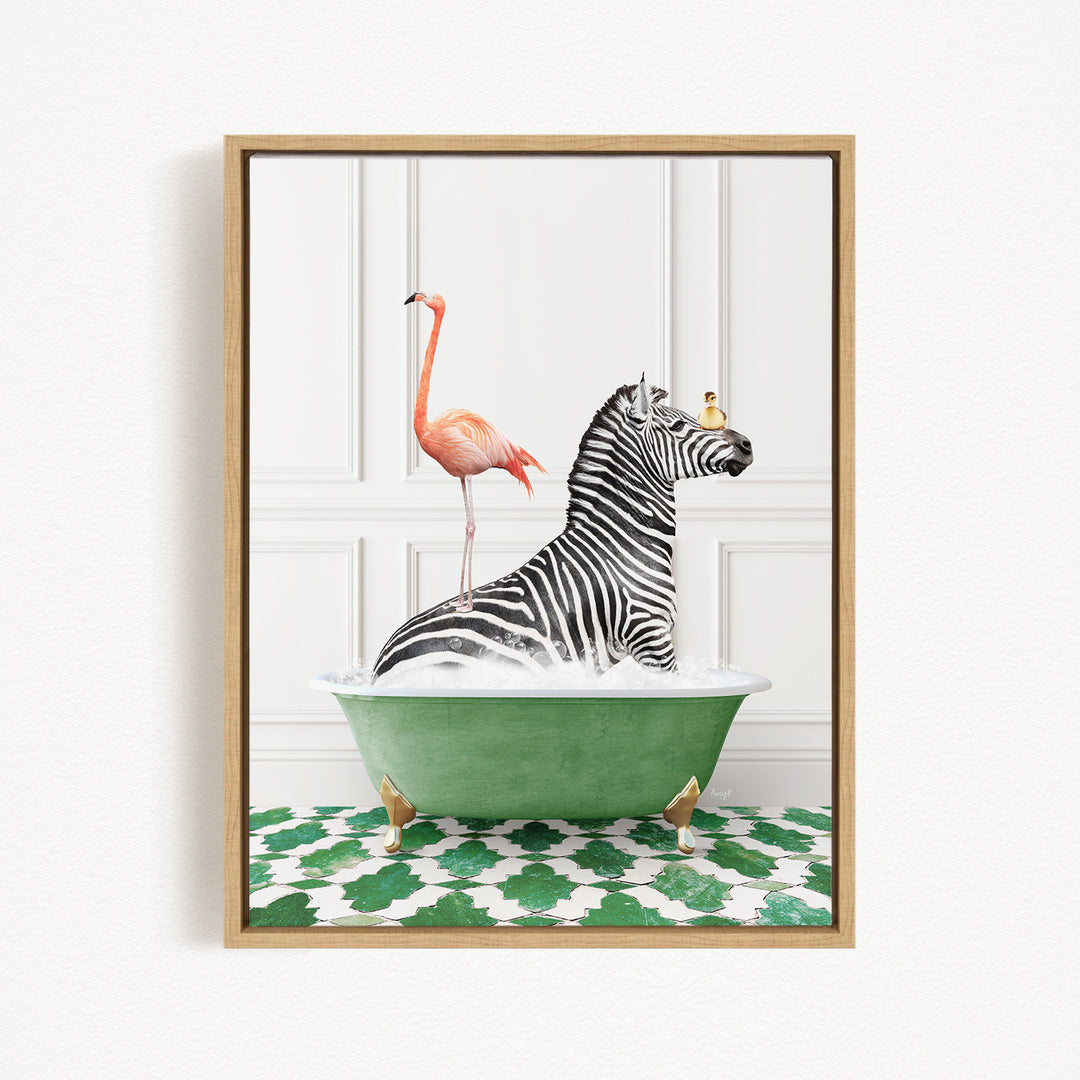 A zebra is sitting in a green bathtub, with a pink flamingo standing on its back.
