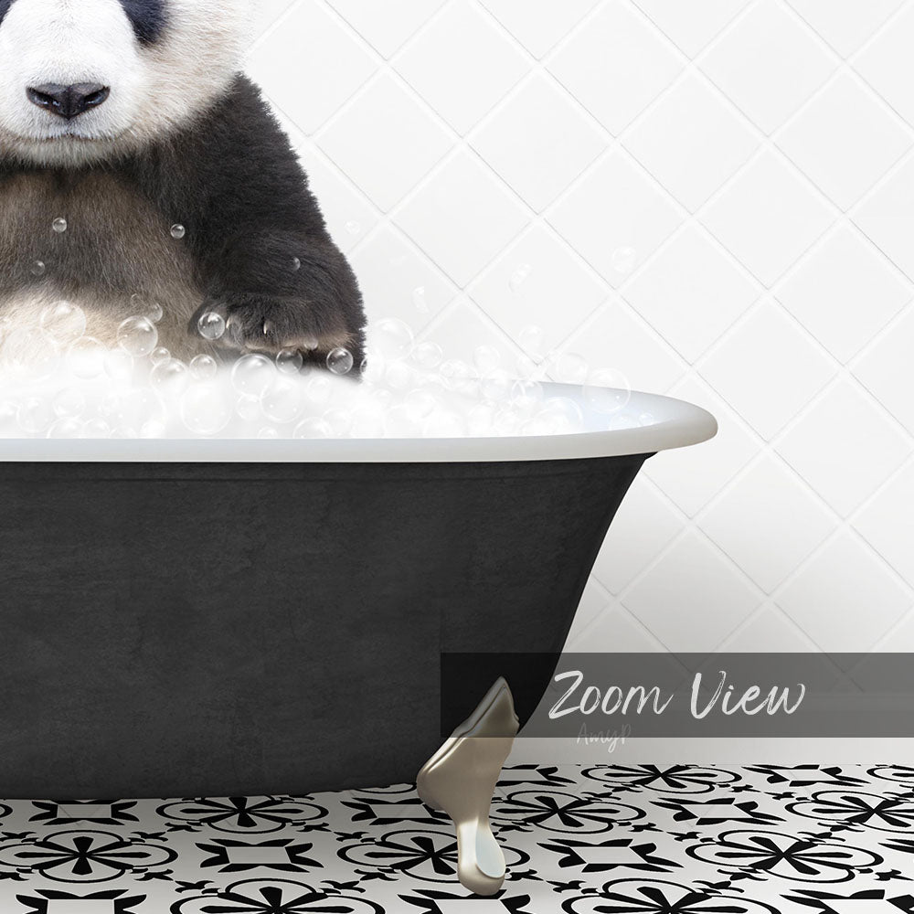 A panda bear sitting in a bathtub filled with bubbles, with a text overlay that reads "Zoom View".