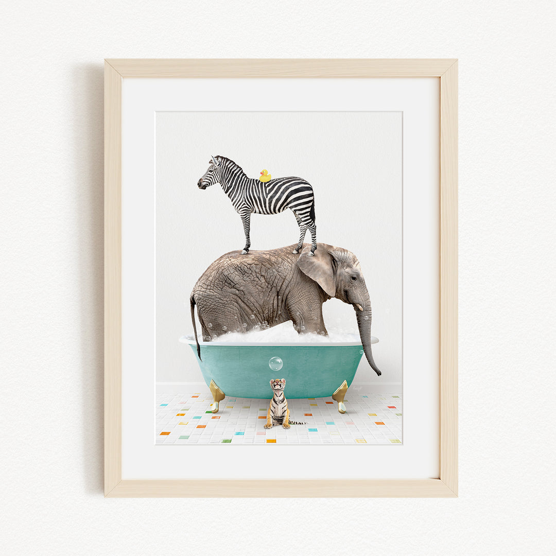 A zebra stands on top of an elephant in a bathtub, with a cat sitting nearby and a bird perched on the elephant's head.