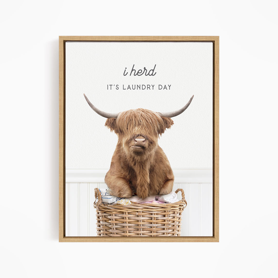 A brown Highland cow with large horns is sitting in a wicker laundry basket, with the text "It's Laundry Day" above the image.
