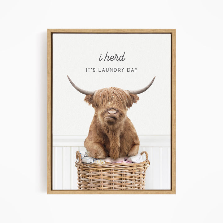 A brown Highland cow with large horns is sitting in a wicker laundry basket, with the text "It's Laundry Day" above the image.
