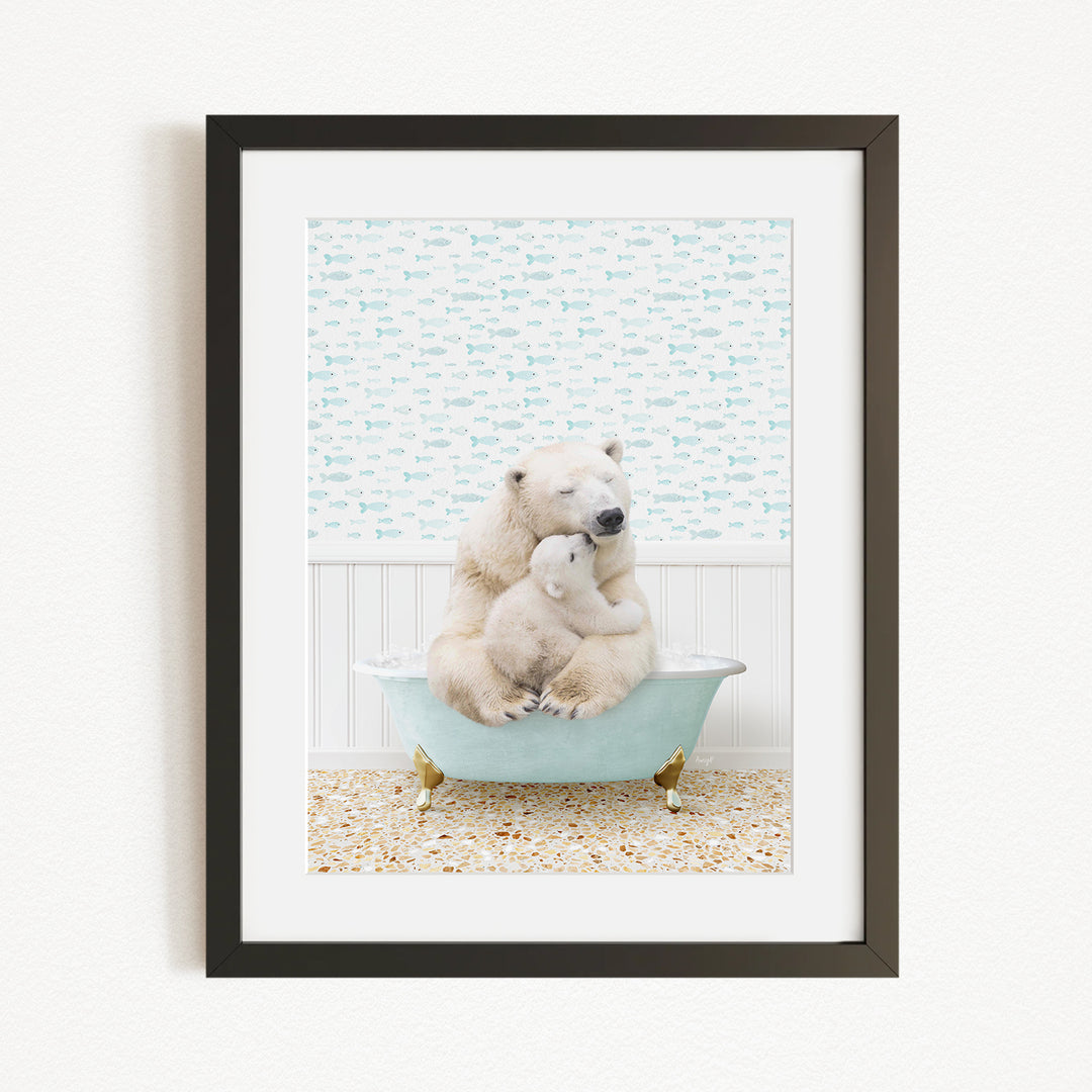 A polar bear and its cub sitting in a bathtub, with a patterned wallpaper in the background.