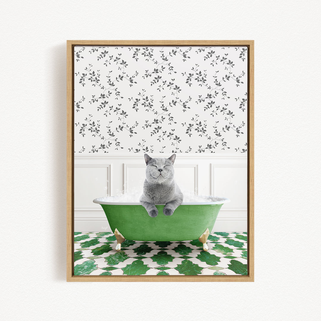 A gray cat sitting in a green bathtub filled with bubbles, surrounded by a patterned green and white rug.