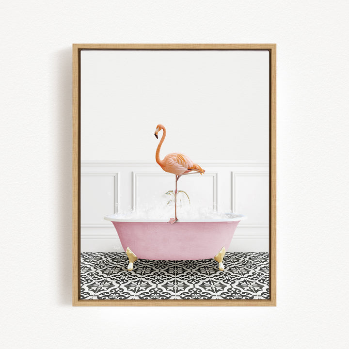 A pink bathtub filled with water, with a flamingo standing on the edge of the tub.