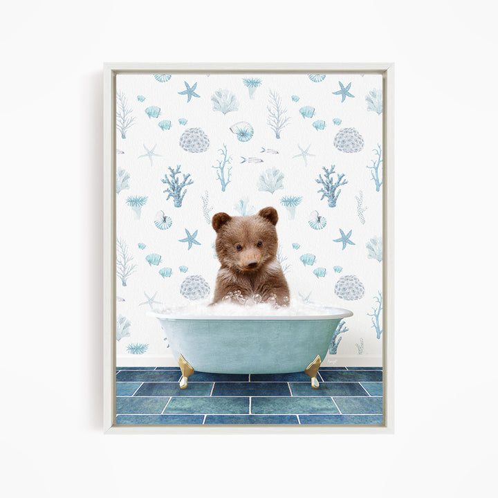 A brown bear sitting in a blue bathtub filled with bubbles, surrounded by a pattern of seashells, starfish, and other marine life.
