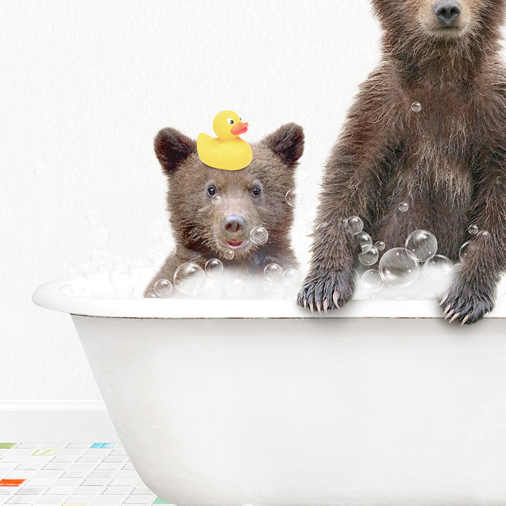 two brown bears in a bathtub with rubber ducks on their heads