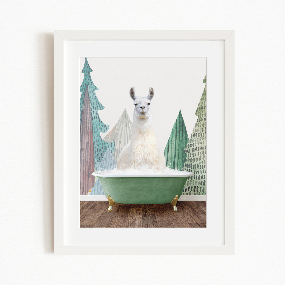 A white llama sitting in a green bathtub, surrounded by stylized trees and a snowy landscape.