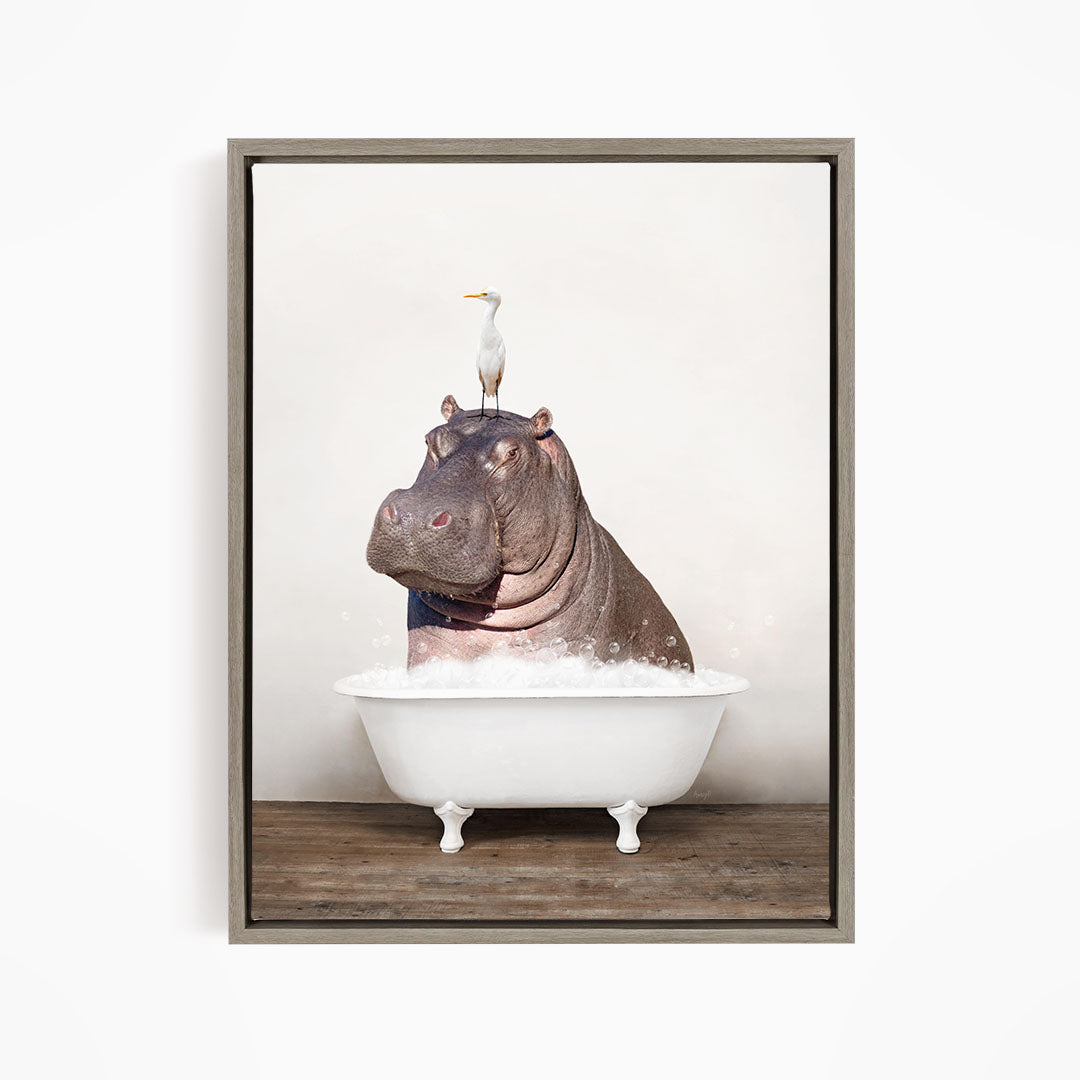 A hippopotamus sitting in a bathtub, with a seagull perched on its head.