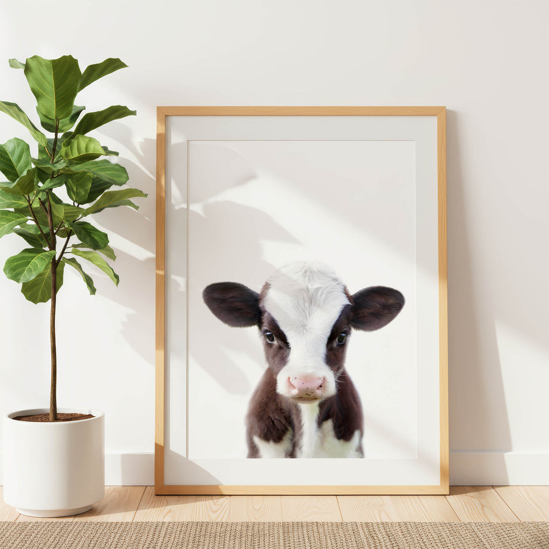 a framed picture of a cow with a white face and brown spots, placed on a wooden floor next to a potted plant.