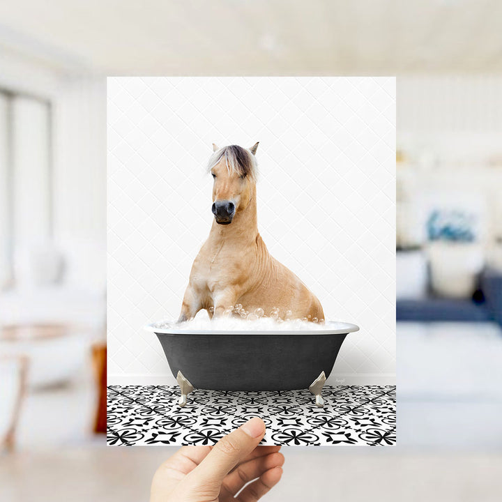 A horse sitting in a bathtub filled with water, surrounded by a black and white patterned floor.