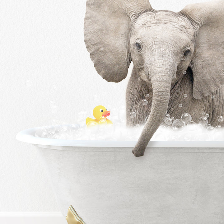 an elephant in a bathtub with bubbles and a rubber duck