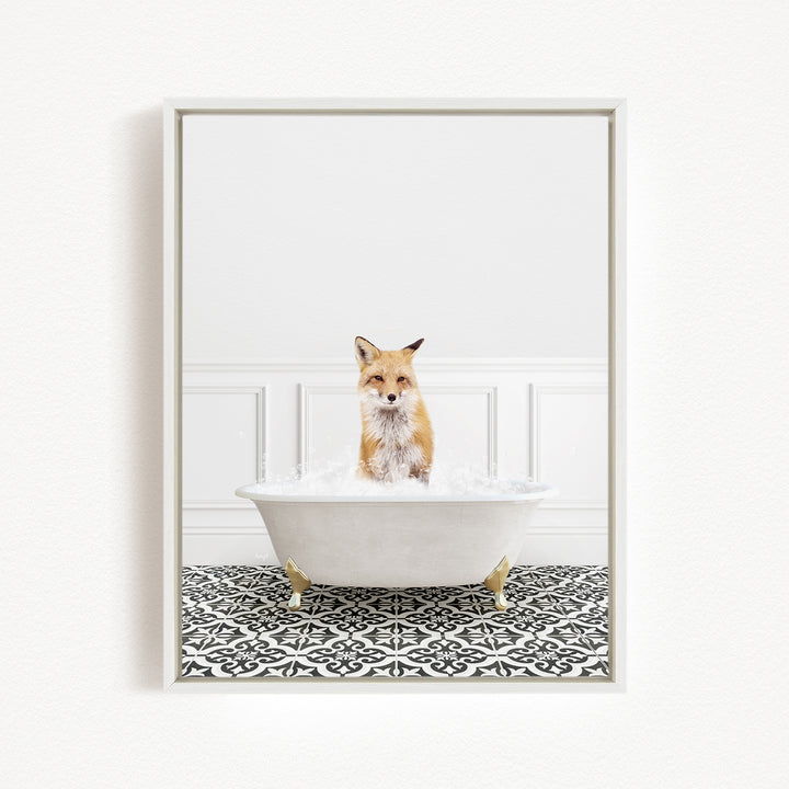 A fox is sitting in a white bathtub filled with water, surrounded by a black and white patterned floor.