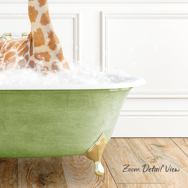 A giraffe standing in a green bathtub filled with bubbles, with a wooden floor and white walls in the background.